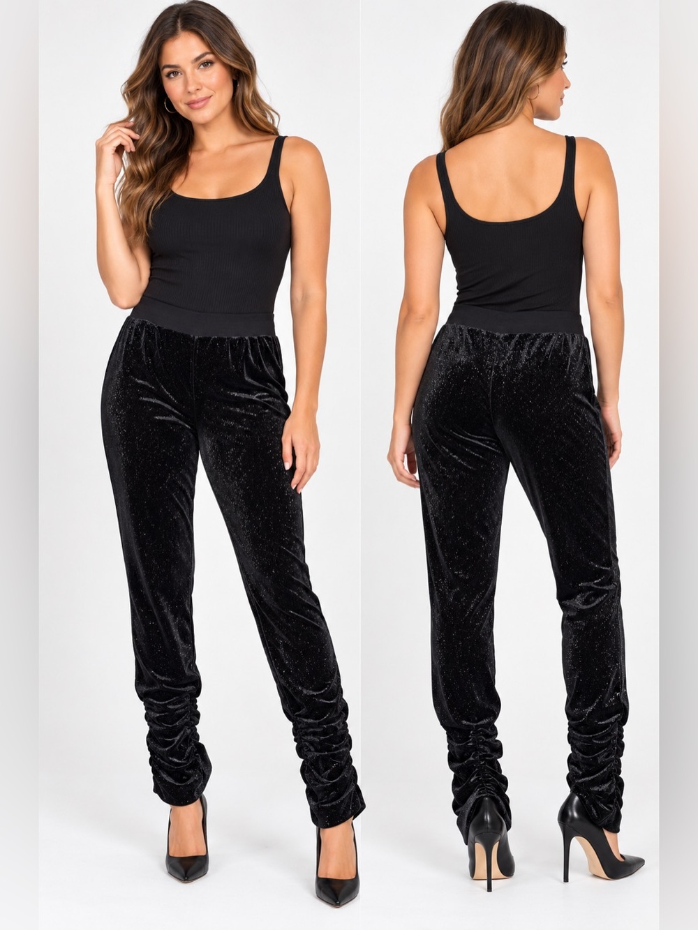 Juicy Couture Black Sparkle Velvet Ruched Leggings Pants Size M